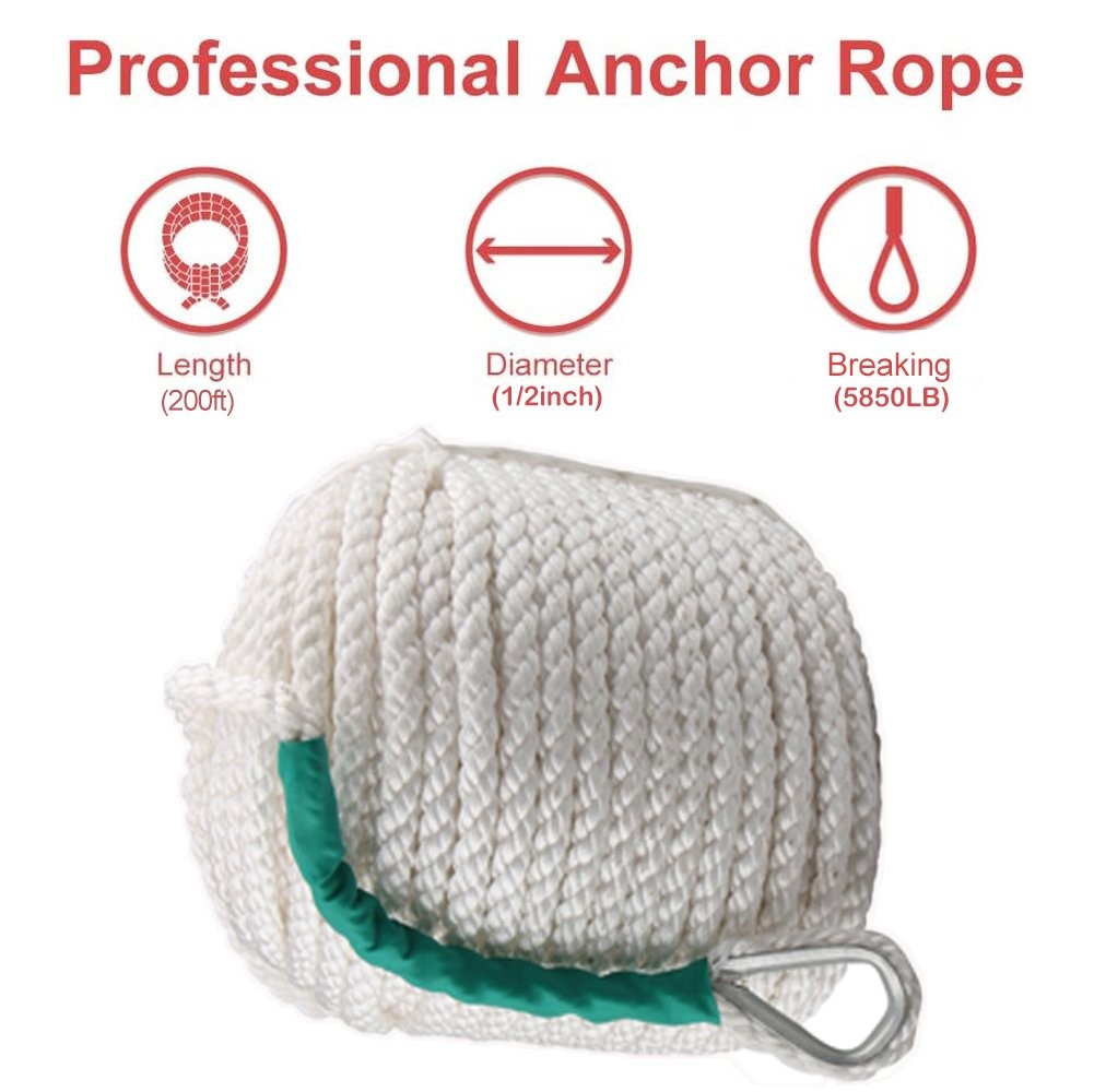 1/2″ 200FT 3 Strand Braided Nylon Anchor Rope Twisted w/ Thimble Dock Boat Line