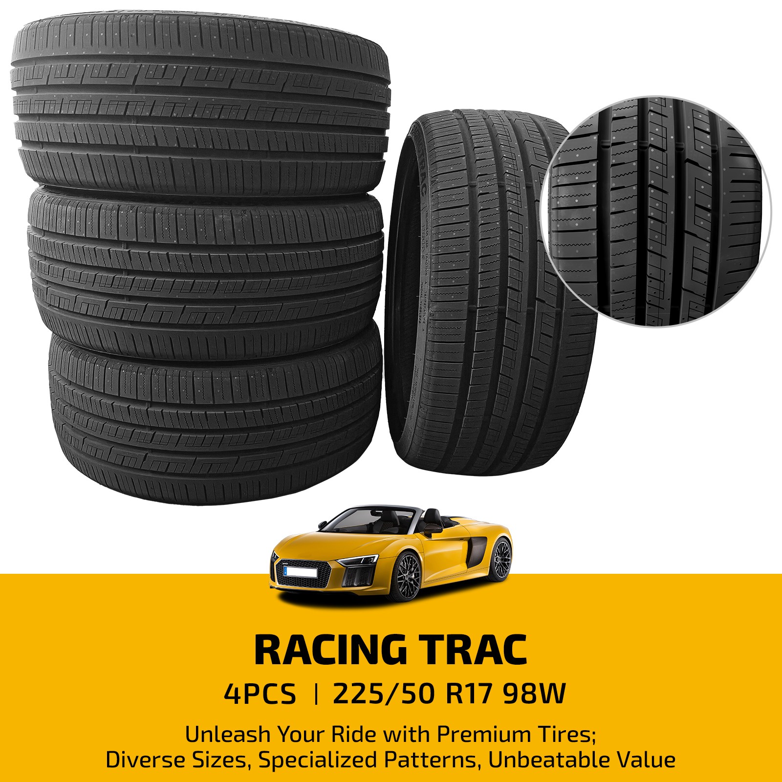 Set of 4 225/50ZR17 98W UHP All Season Tires 7.7mm 420AA BSW 50K Miles Warranty