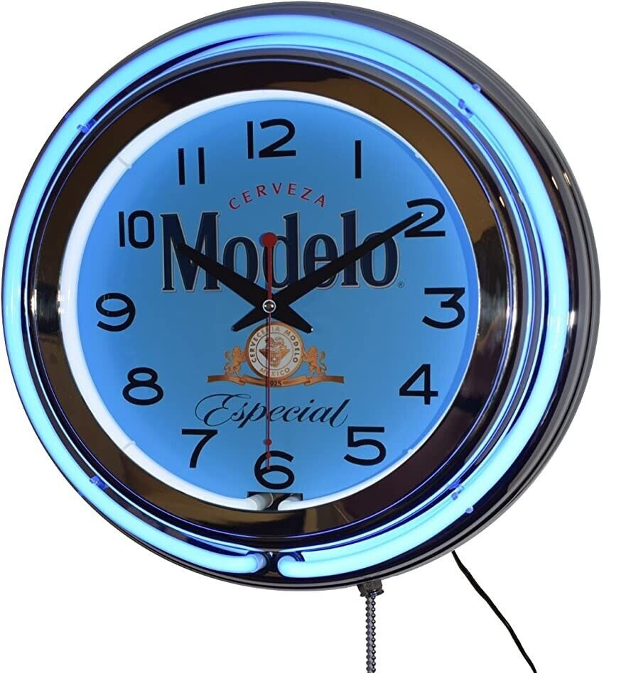 Cerveza Modelo Beer Sign 15″ Blue Double Neon Clock Man Cave Game Room