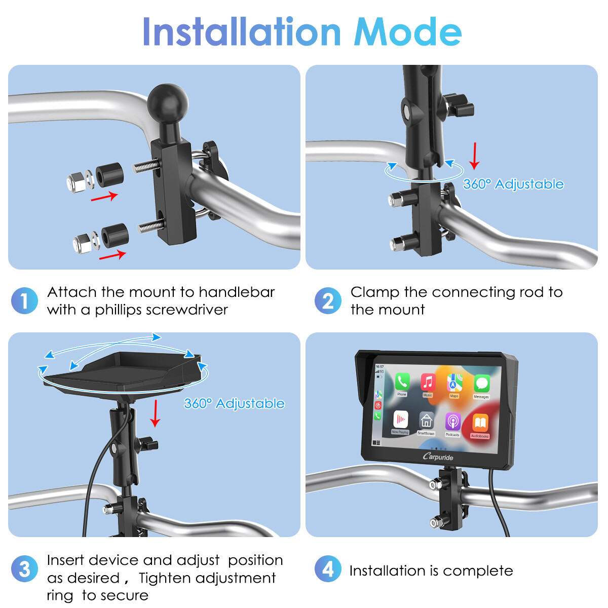 Carpuride Motorcycle Stereo Bluetooth Radio Wireless Apple CarPlay Android Auto