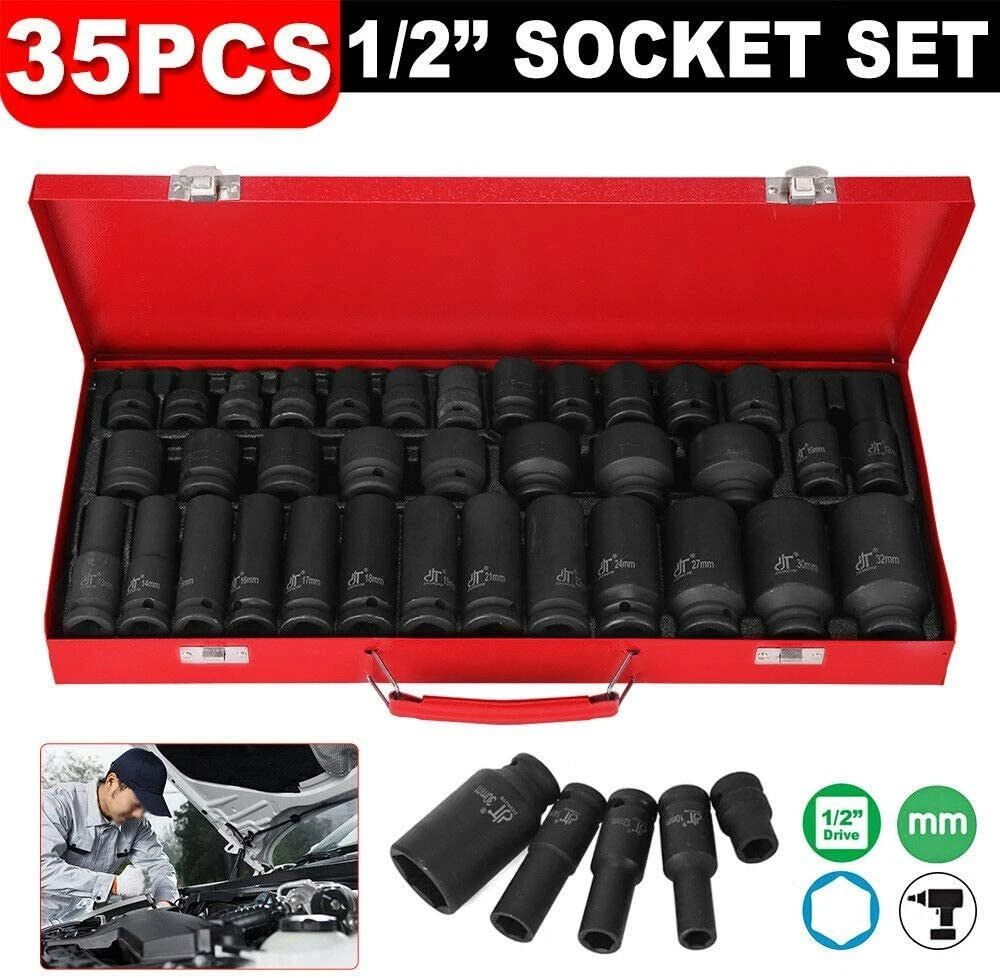 35pcs 1/2″ Inch Deep Impact Socket Set Drive 8-32mm Metric Garage Sae With Case