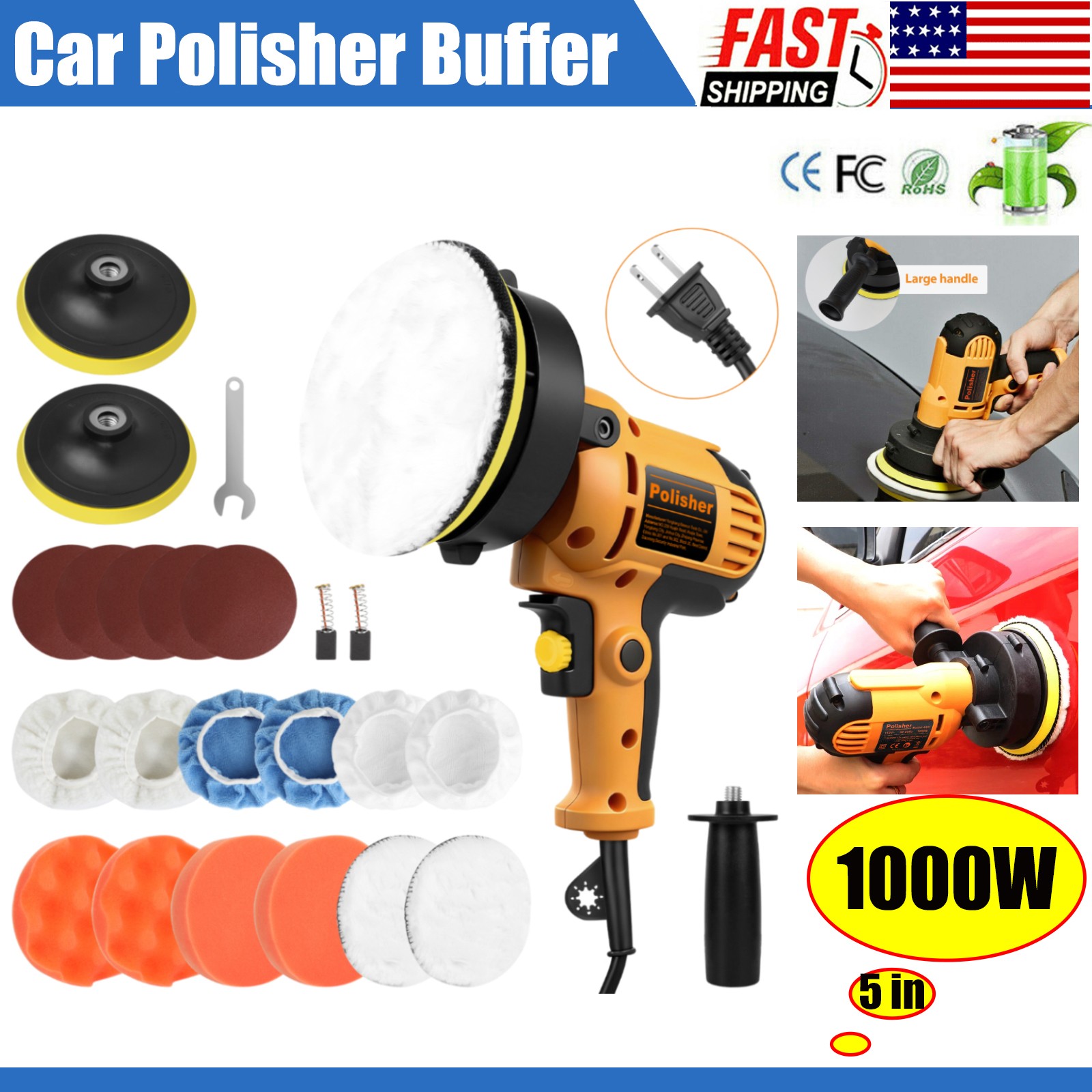 ✅Car Polisher Buffer Sander 1000W Polishing Machine Kit Waxing w/ 5″ Pad Bonnet