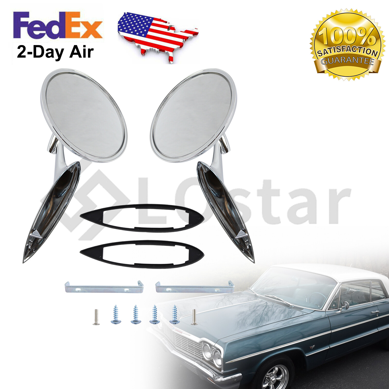 Round Outside Rearview Mirrors Ribbed Base For Chevy Chevelle Impala Nova