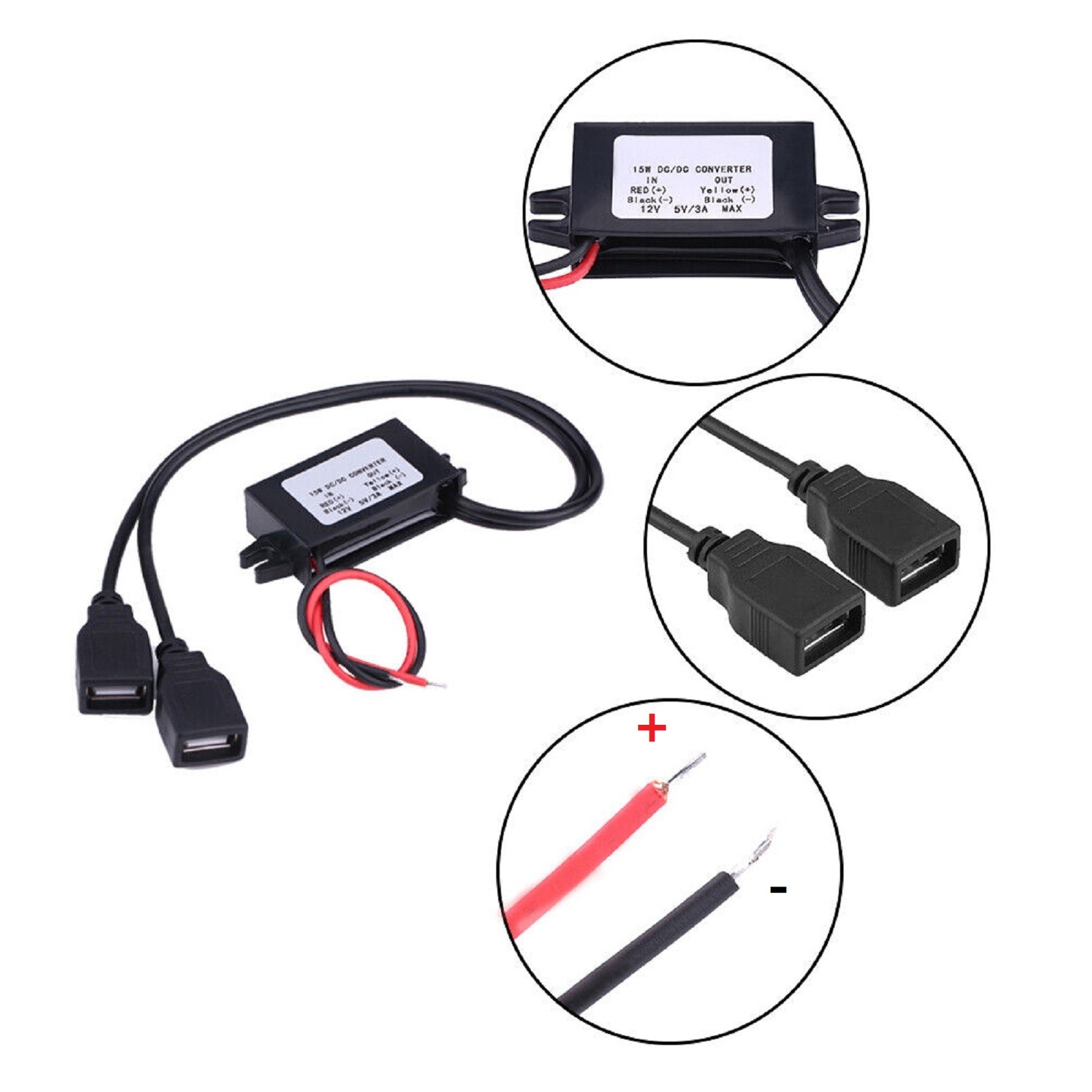 DC 12V To DC 5V 3A Dual USB Charger Adapter Power Converter Module For Car