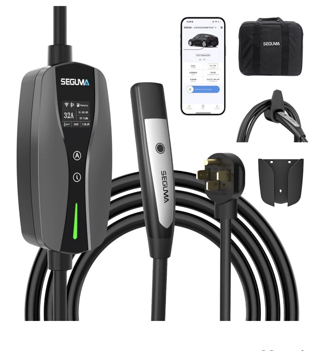 Seguma 32A L2 Portable EV Charger 25ft NACS NEMA 14-50 IP65 App+ Bag TESLA