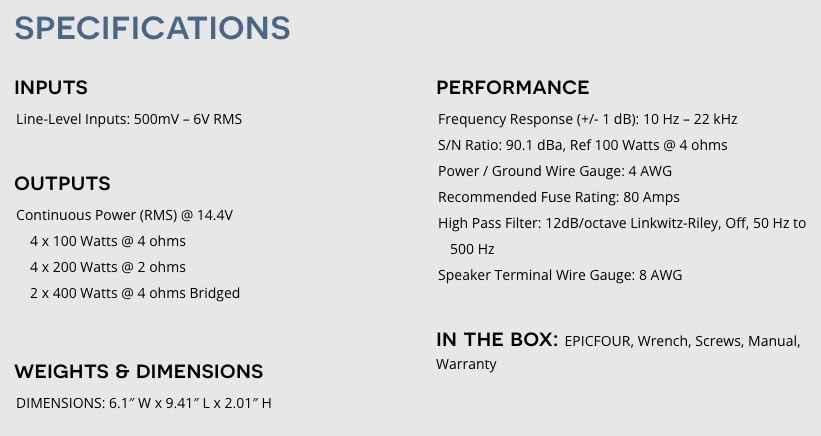 AUDIOCONTROL EPICFOUR EPIC SERIES CLASS-D 4-CHANNEL AMPLIFIER 4 x 100W RMS @ 4Ω
