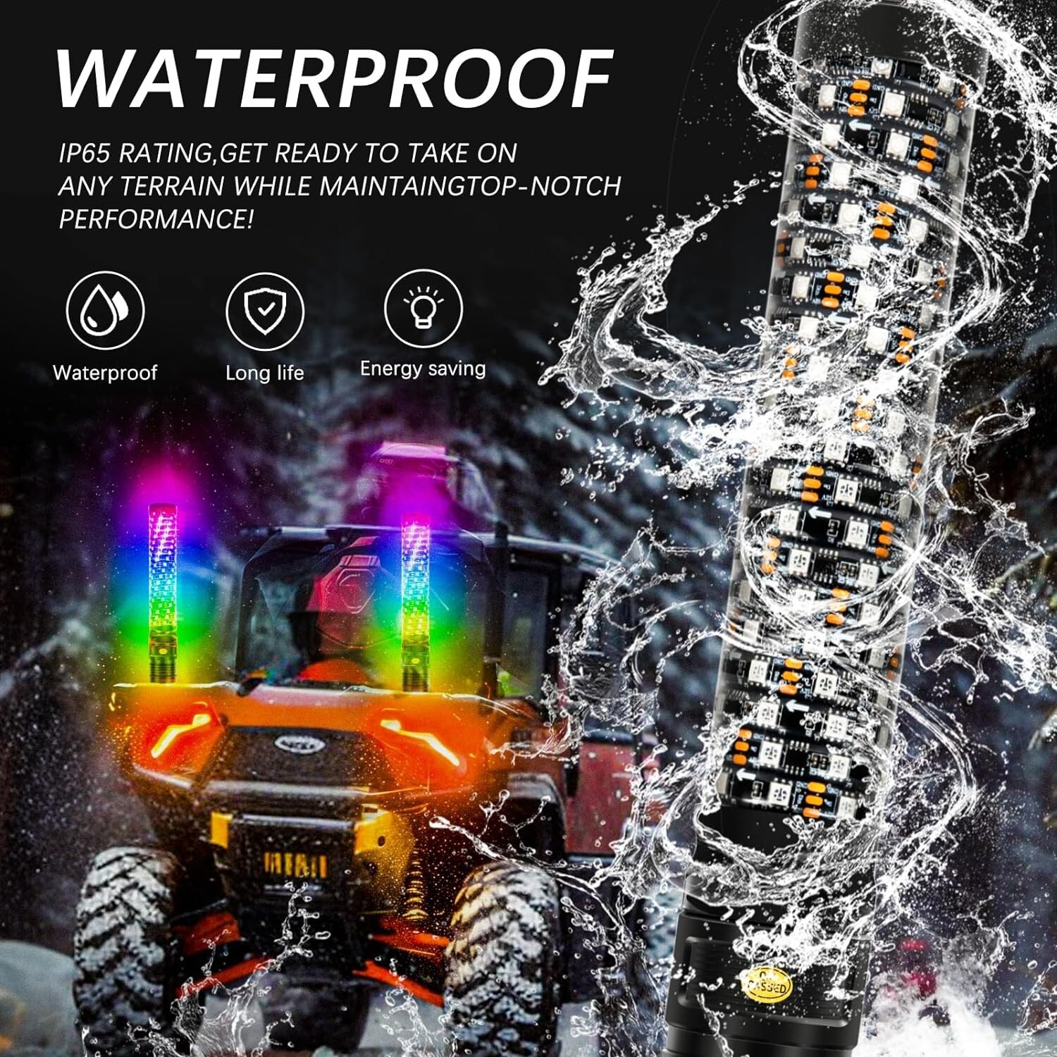 2X2FT RGB Fat Spiral Whip Lights For Polaris RZR PRO XP Kawasaki TERYX KRX4 1000
