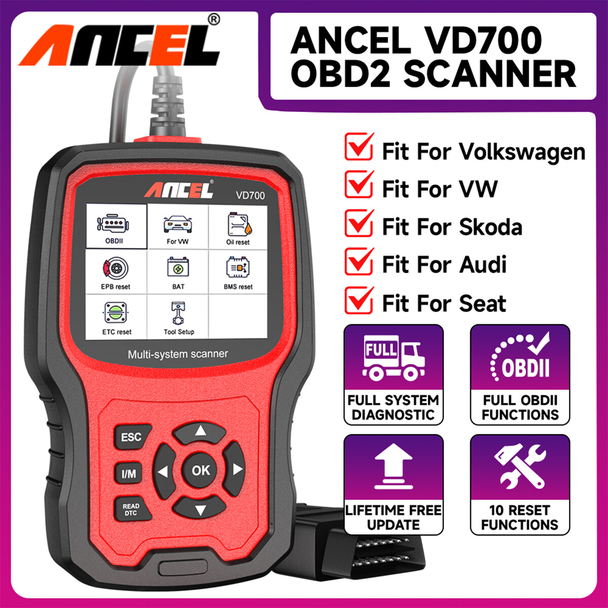 ANCEL Fit For Audi Car OBD2 Scanner Code Reader ALL System Diagnostic Tool EPB