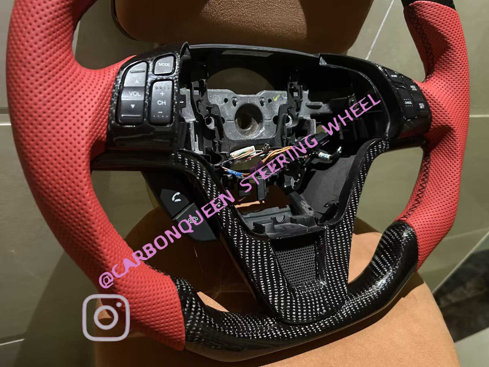 REAL CARBON FIBER STEERING WHEEL FOR HONDA CRV 06-10 YEARS W/RED LEATHER
