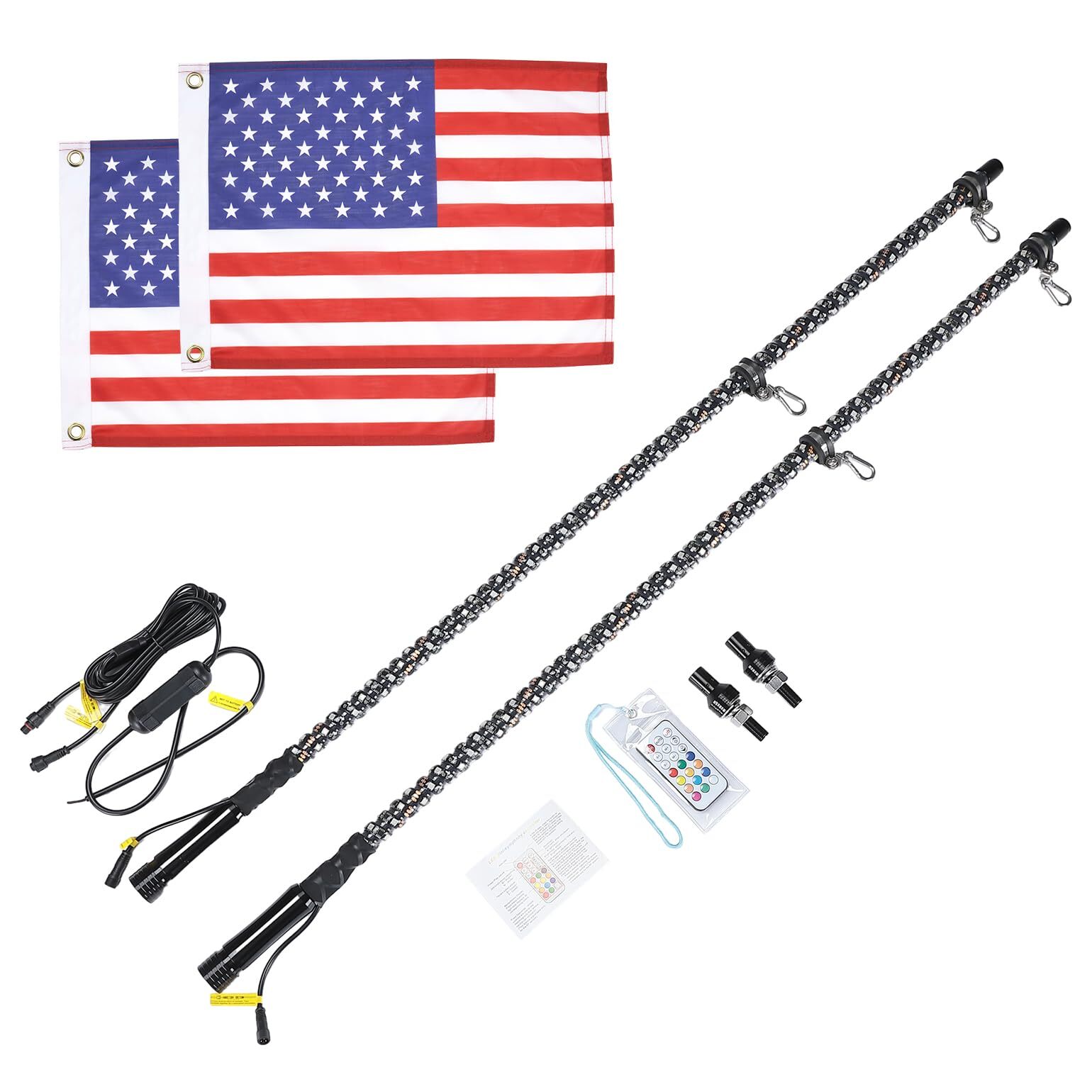 KEMIMOTO Pair 2FT Whip Lights 366 Modes LED RGB Antenna Flag Remote UTV ATV