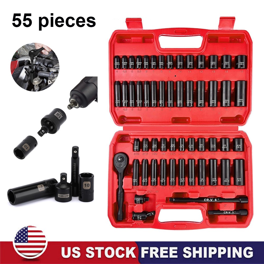 55PCS 1/4″ Drive Impact Socket Set Metric & SAE Shallow & Deep Cr-V Steel Socket