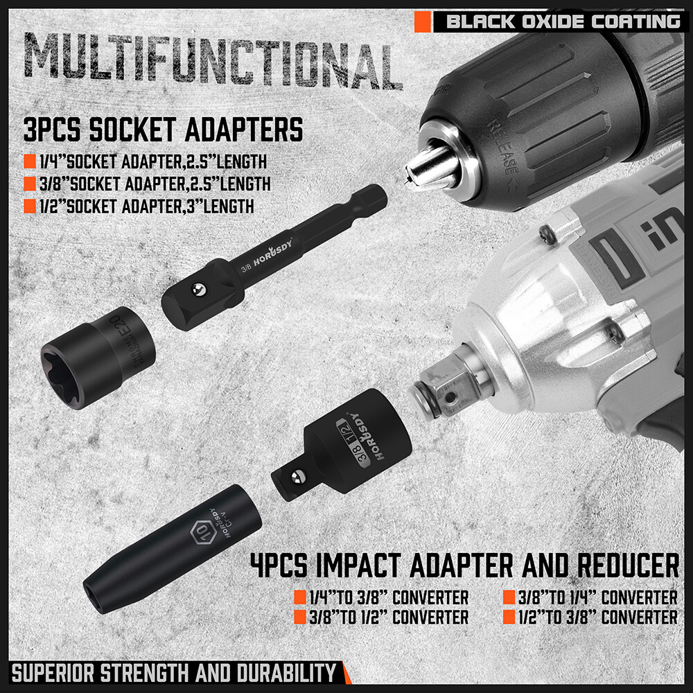 7pc Impact Socket Adapter Combo Kit Increaser Reducer Extension 1/4″ 3/8″ 1/2″