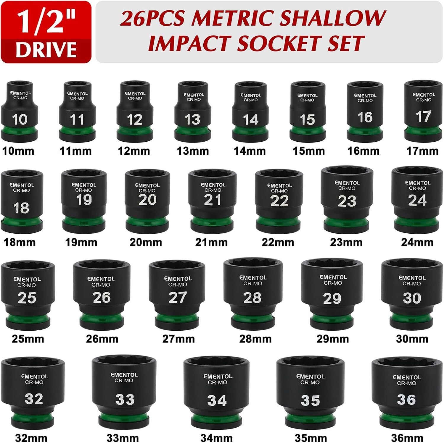 26 PCS 1/2″ Drive Standard Impact Socket Set 12 Point Metric 10mm-36mm CR-MO