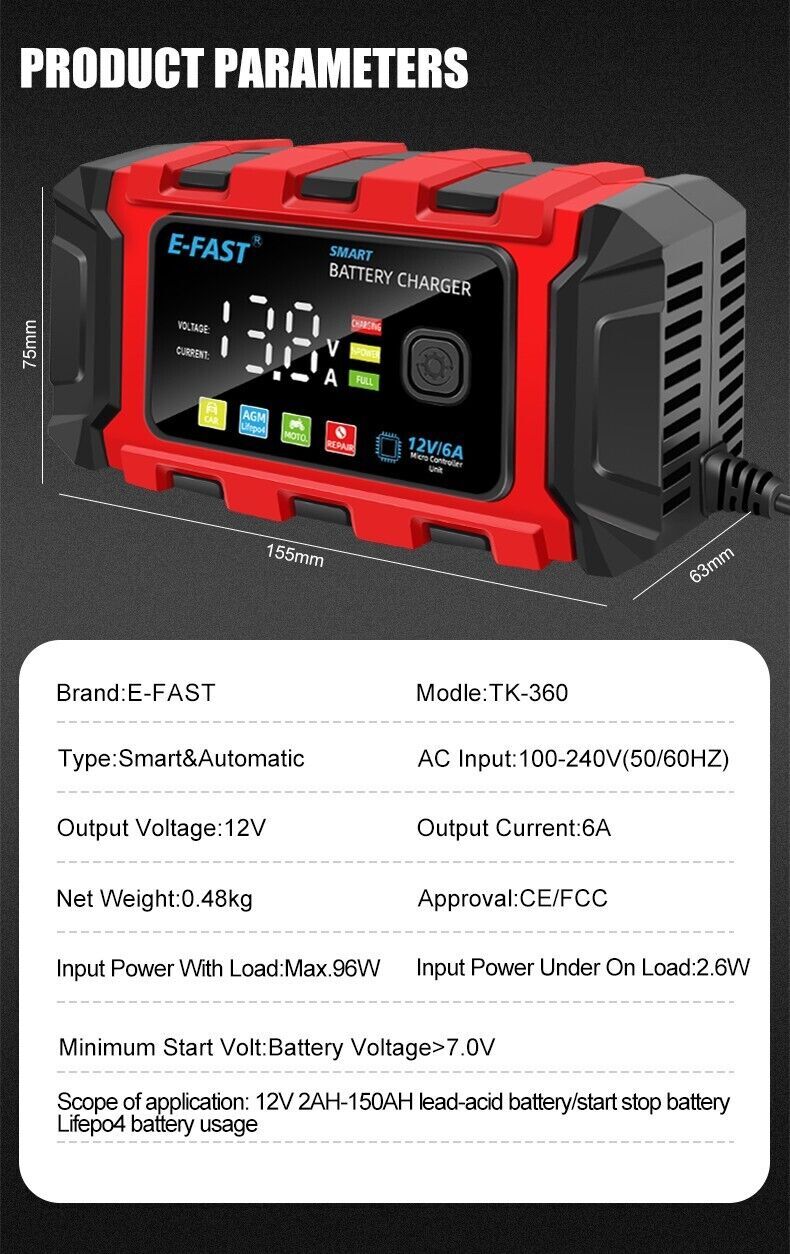 12V Smart Car Battery Charger Automatic Lifepo4 Repair Maintainer Trickle