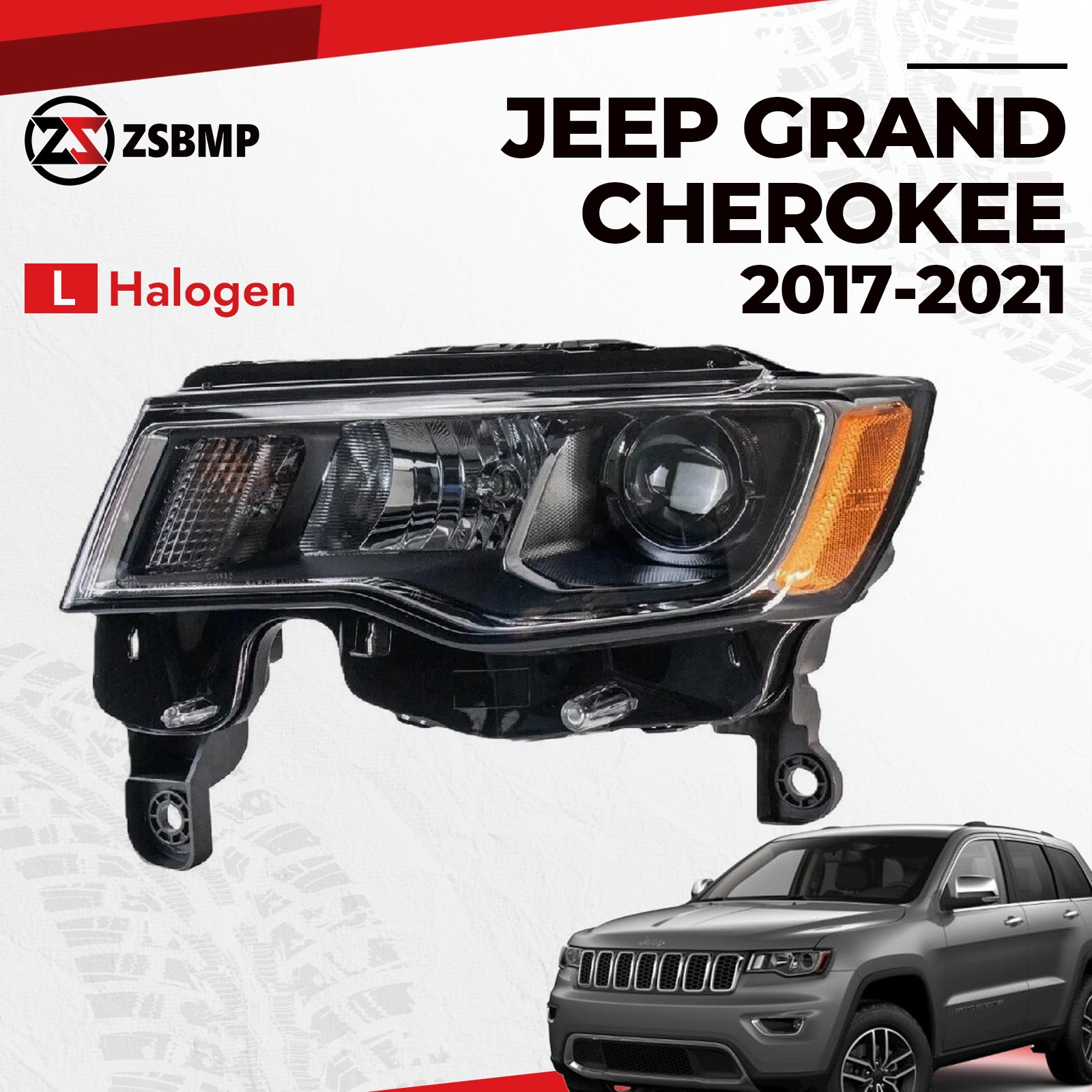 For 2017-2021 Jeep Grand Cherokee Halogen Headlight Black W/ bulb Left Driver LH