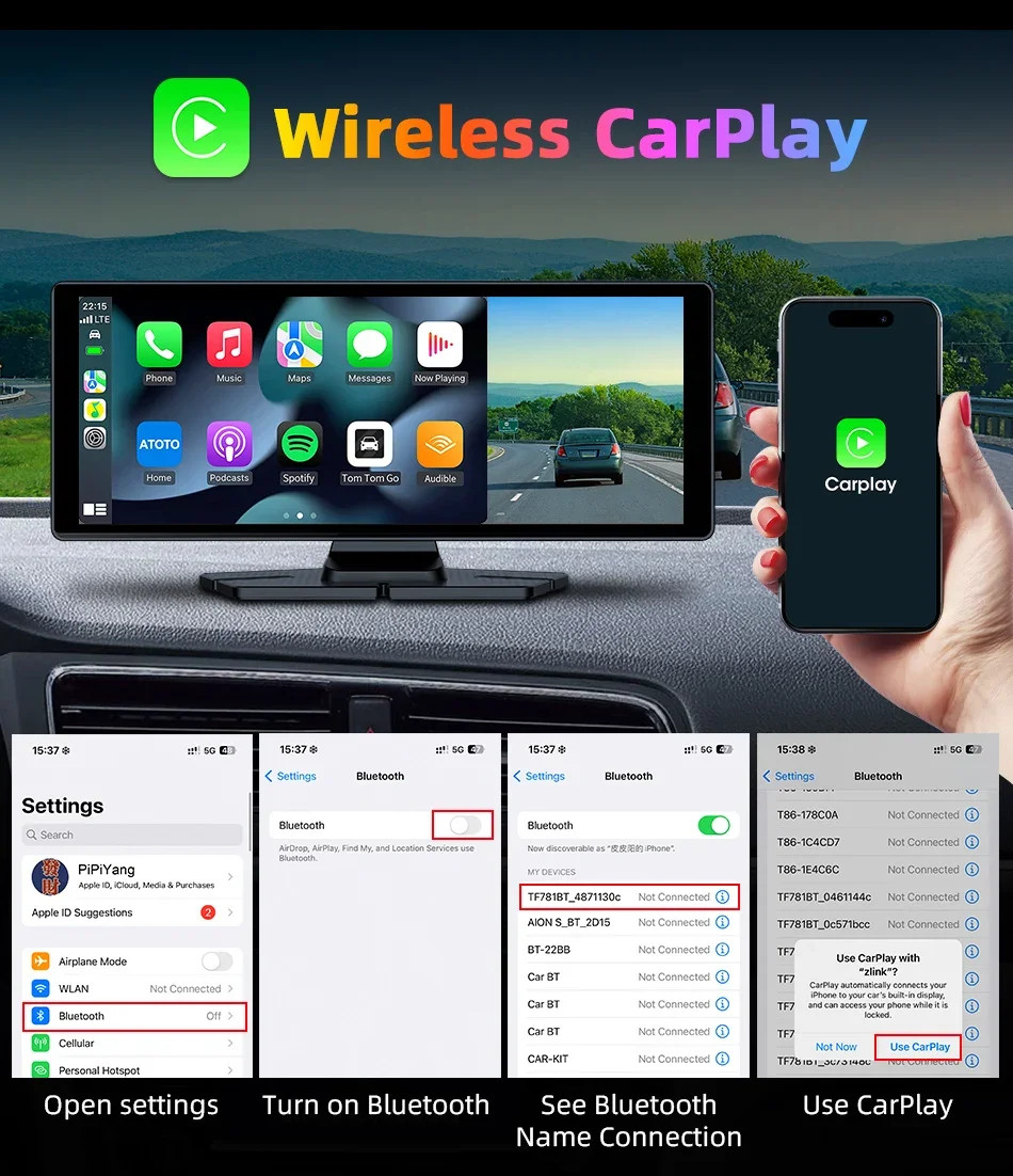 10.26″ 4K Dashcam 360° Rotating Lens Car DVR Wireless Carplay Android Auto GPS