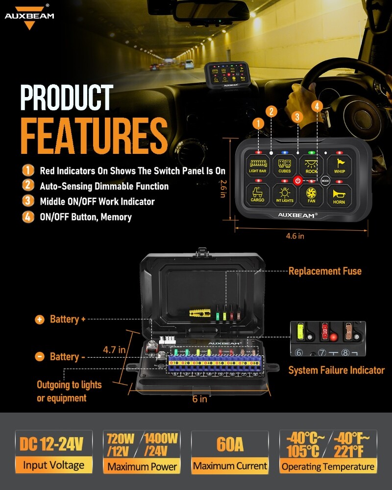 AUXBEAM AR-800 RGB 8Gang Switch Panel bluetooth APP For Dodge Ram 1500 2019-2023