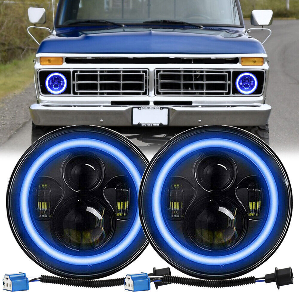 Pair 7”Inch LED Headlights Halo DRL For Ford F-100 F-250 F-350 Pickup 1953-1977