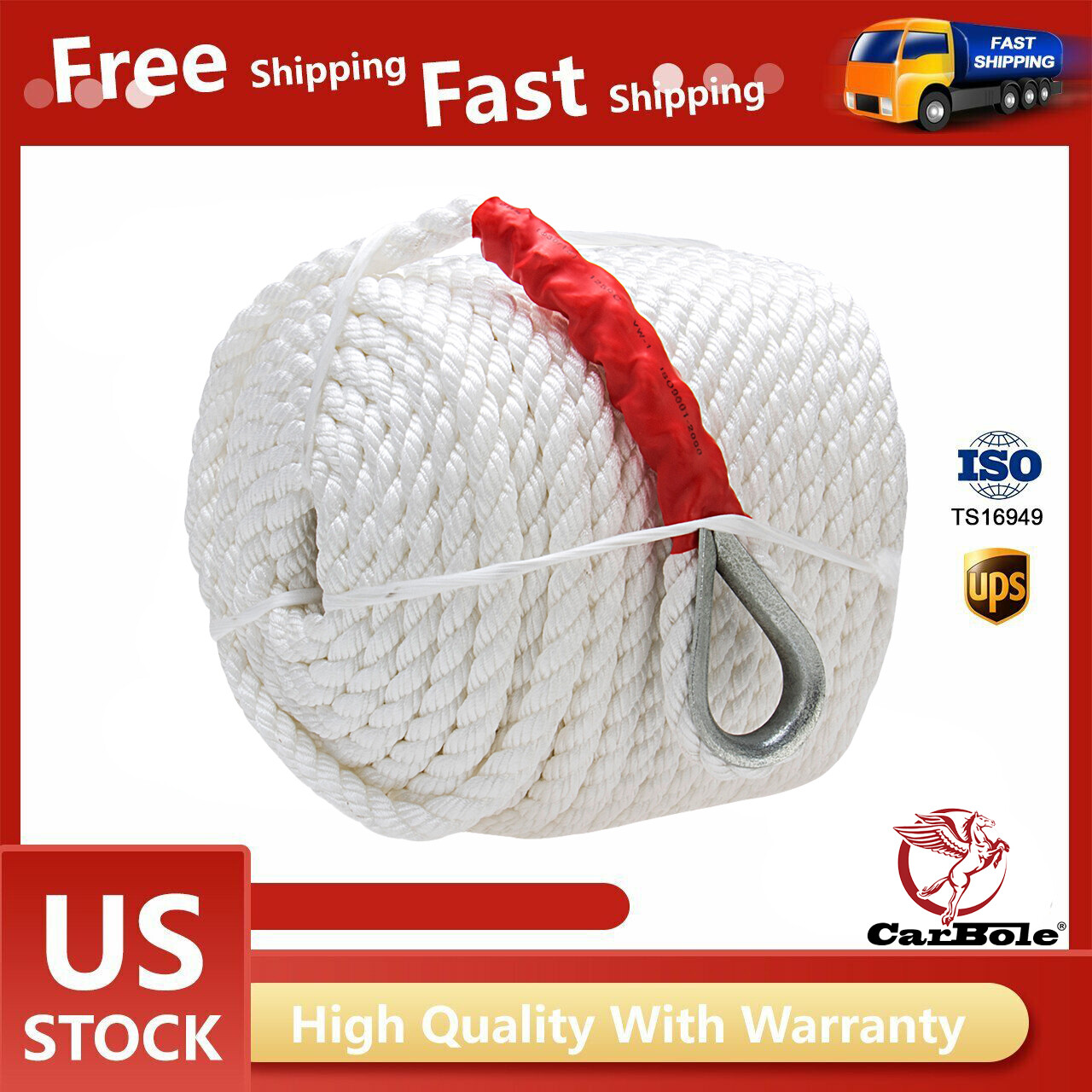3/4 inch 200 FT Rope Twisted 3 Strand Nylon Anchor Braided Boat Line Heavy Duty