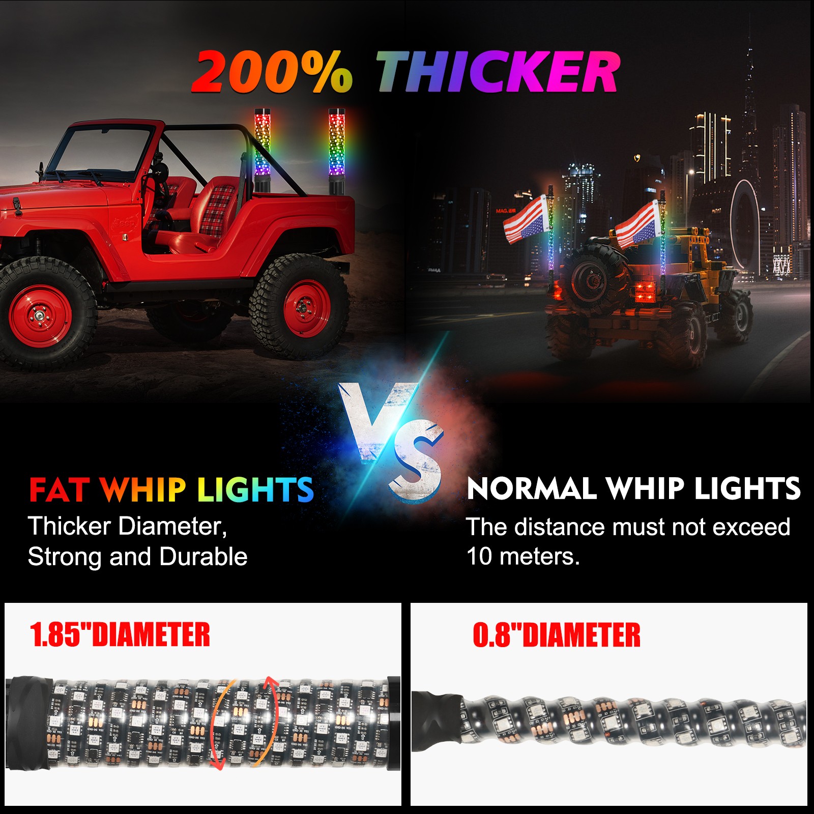 2PCS 1FT Fat LED Whip APP Controlled Antenas Whip Light for Polaris RZR ATV UTV