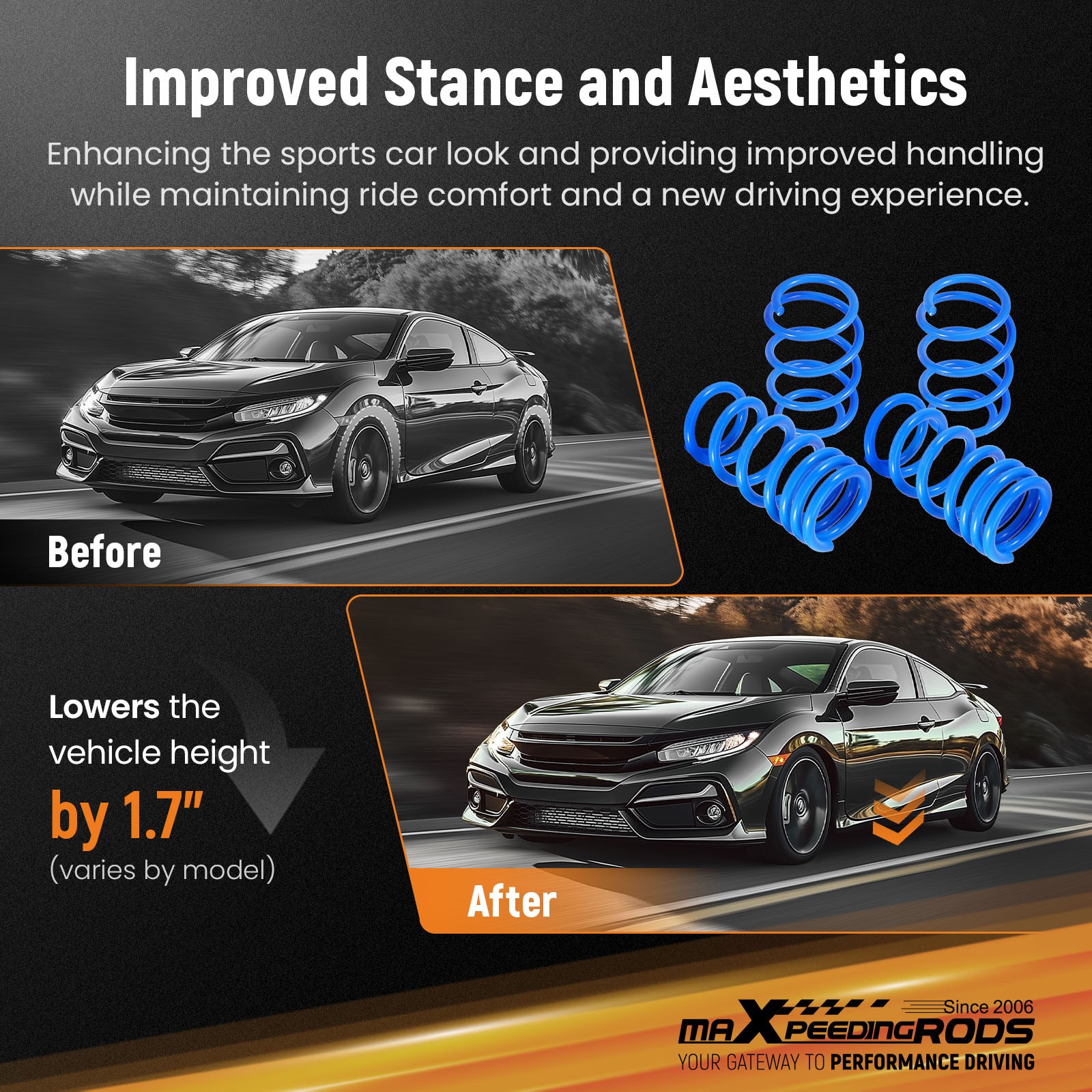 MaXpeedingrods Front & Rear Lowering Springs for Ford Mustang (S550) 2015-2023