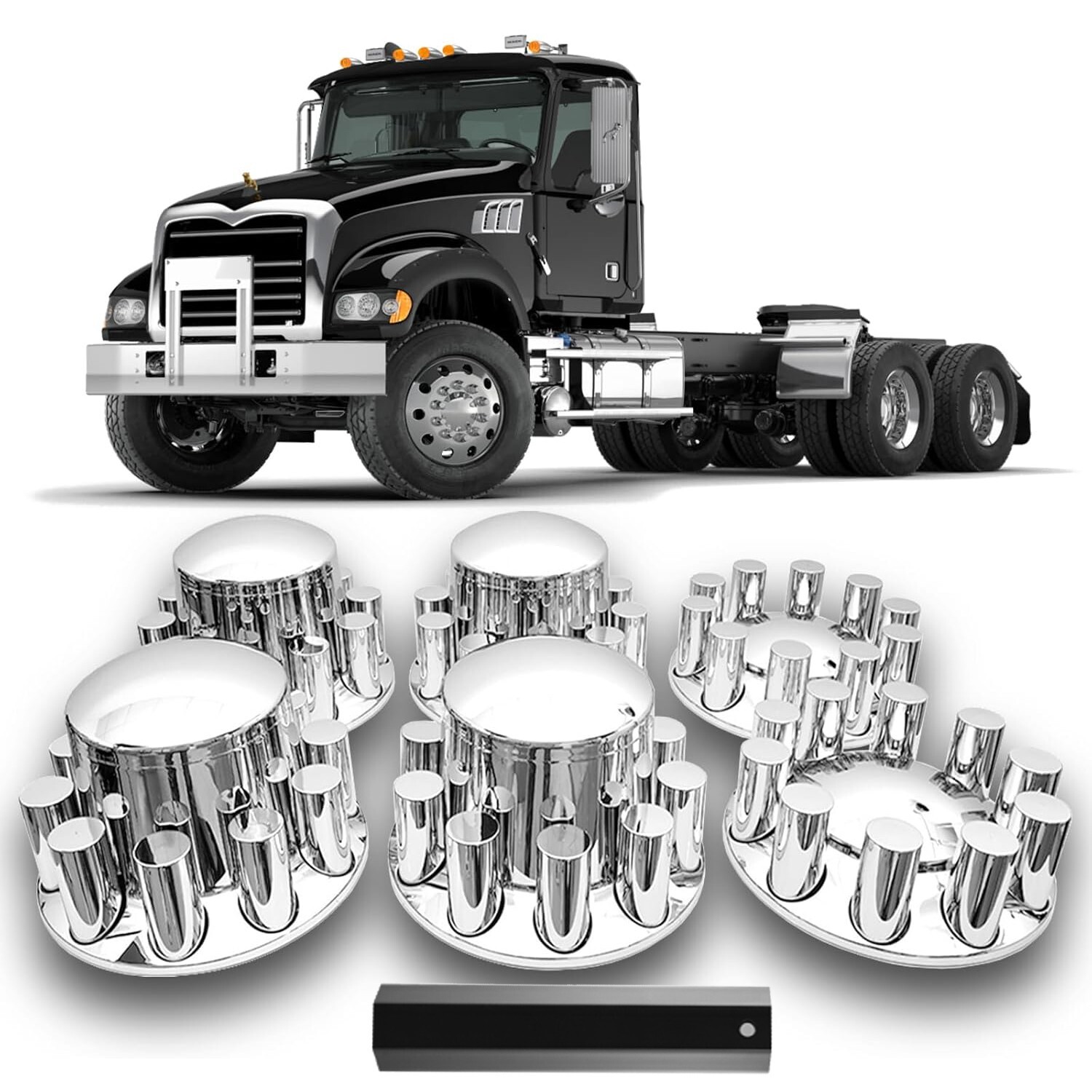 Chrome 33mm Axle Covers Front & Rear Complete Set w/ HubCap Cylinder Lug Nut 6pc