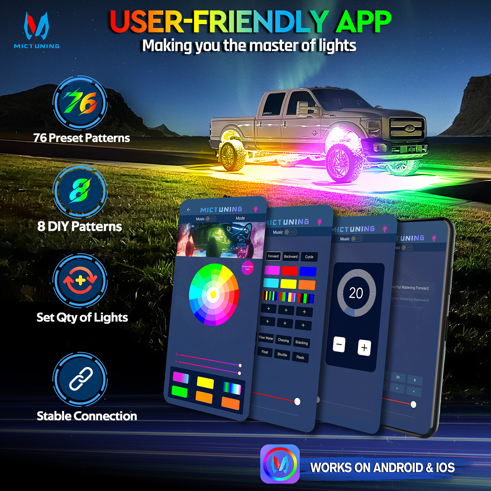 8 Pods RGB+IC LED Rock Lights Chasing Dream Color Underbody Underglow Light Kits