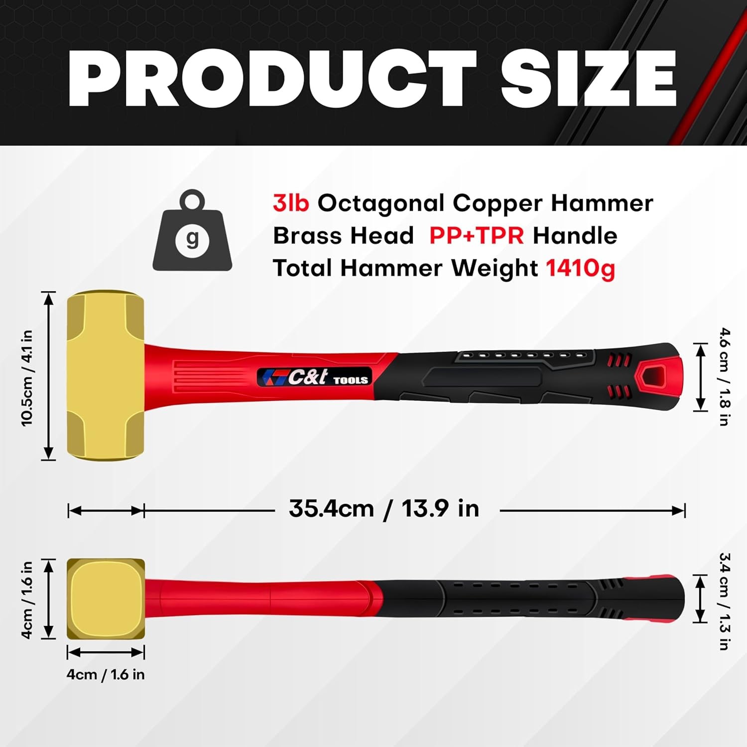 C&T 3lb Brass Sledge Hammer,Non-Sparking,Comfortable Fiberglass 3LB