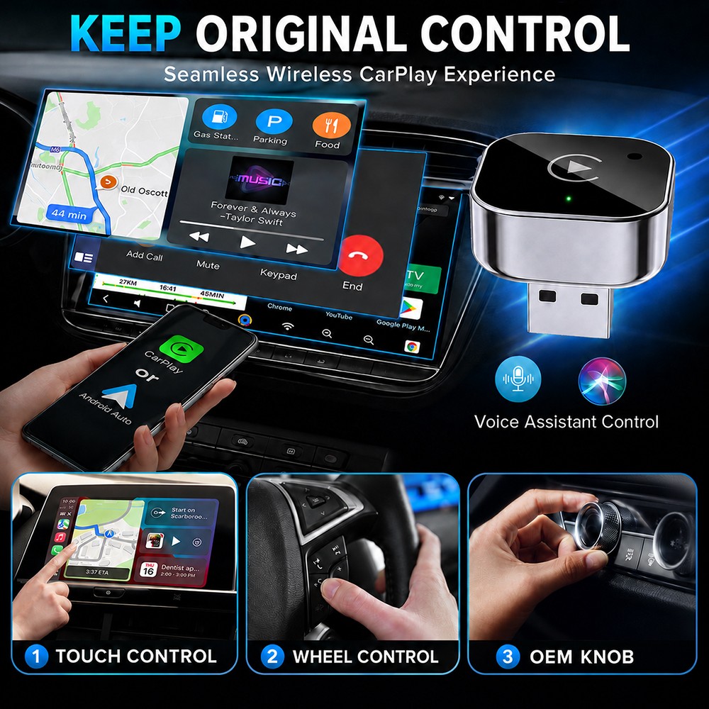 2-in-1 Wired to Wireless CarPlay & Android Auto Adapter USB Dongle Plug & Play
