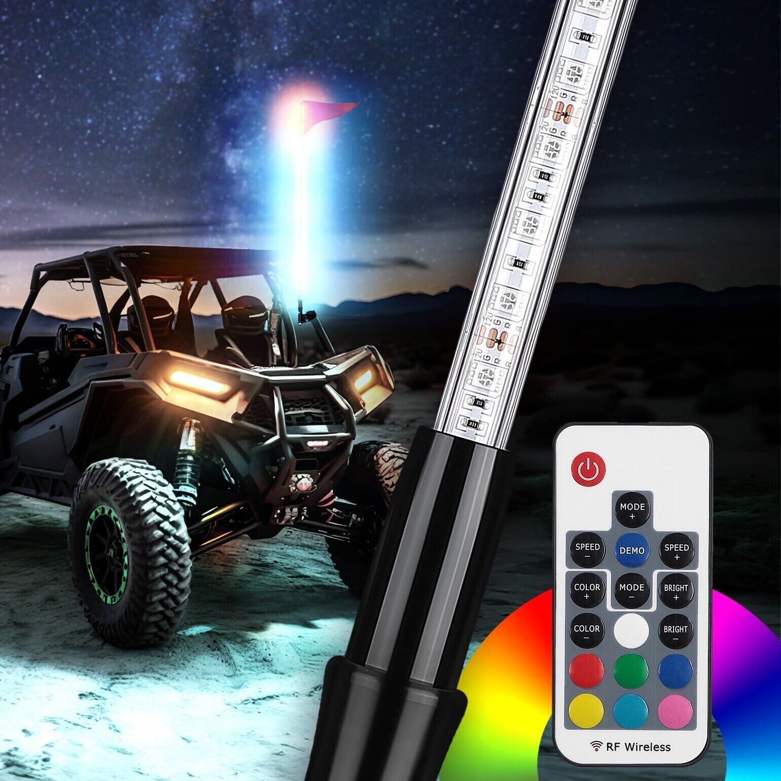 5FT RGB LED Lighted Antenna Light Whip Flag Remote ATV UTV for Polaris RZR 1000