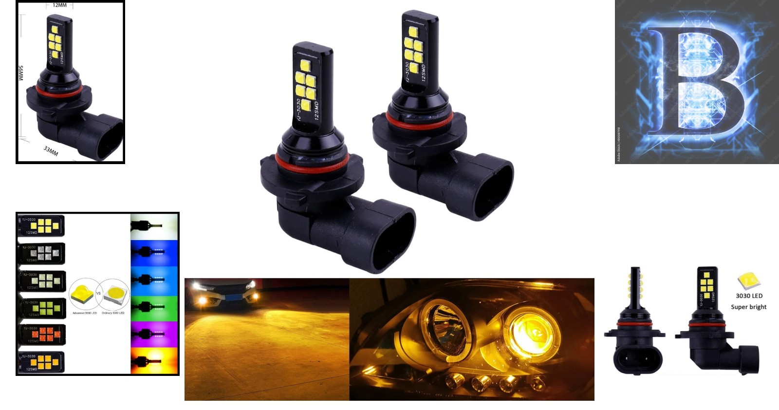 Amber LED Fog Light Bulbs Kit, 50,000 Hours Lifespan – 2 x HB3 H10 9005
