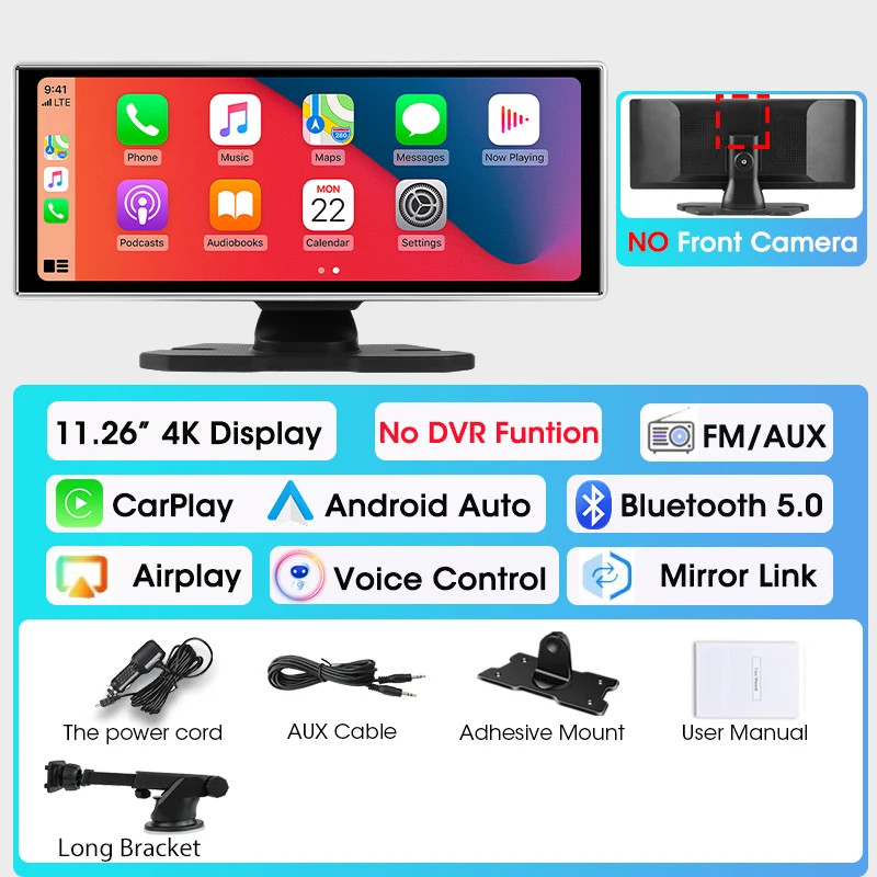11.26 Inch 4K Car DVR Wireless CarPlay Android Auto Video Recorder Dash Monitor