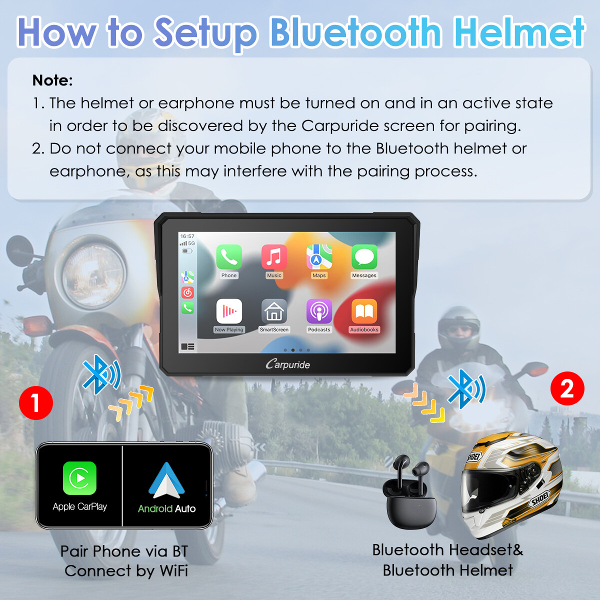 Carpuride Motorcycle Stereo Bluetooth Radio Wireless Apple CarPlay Android Auto