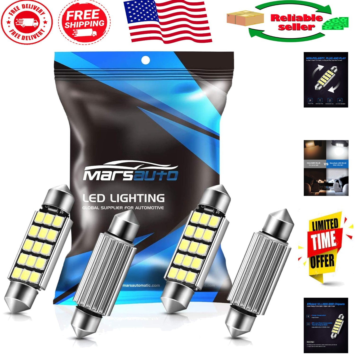 Efficient 578 LED Bulbs – 4 Pack, 400LM, No Polarity, Long-Lasting 50,000 Hours