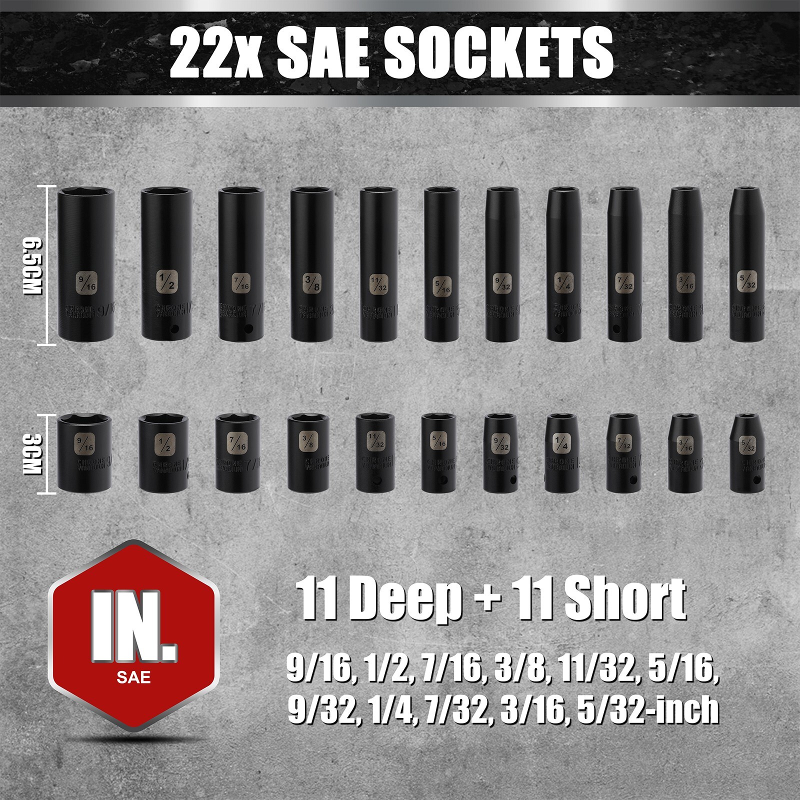 55PCS 1/4″ Drive Deep and Shallow Impact Socket Set, CR-V, SAE & Metric, 6 point