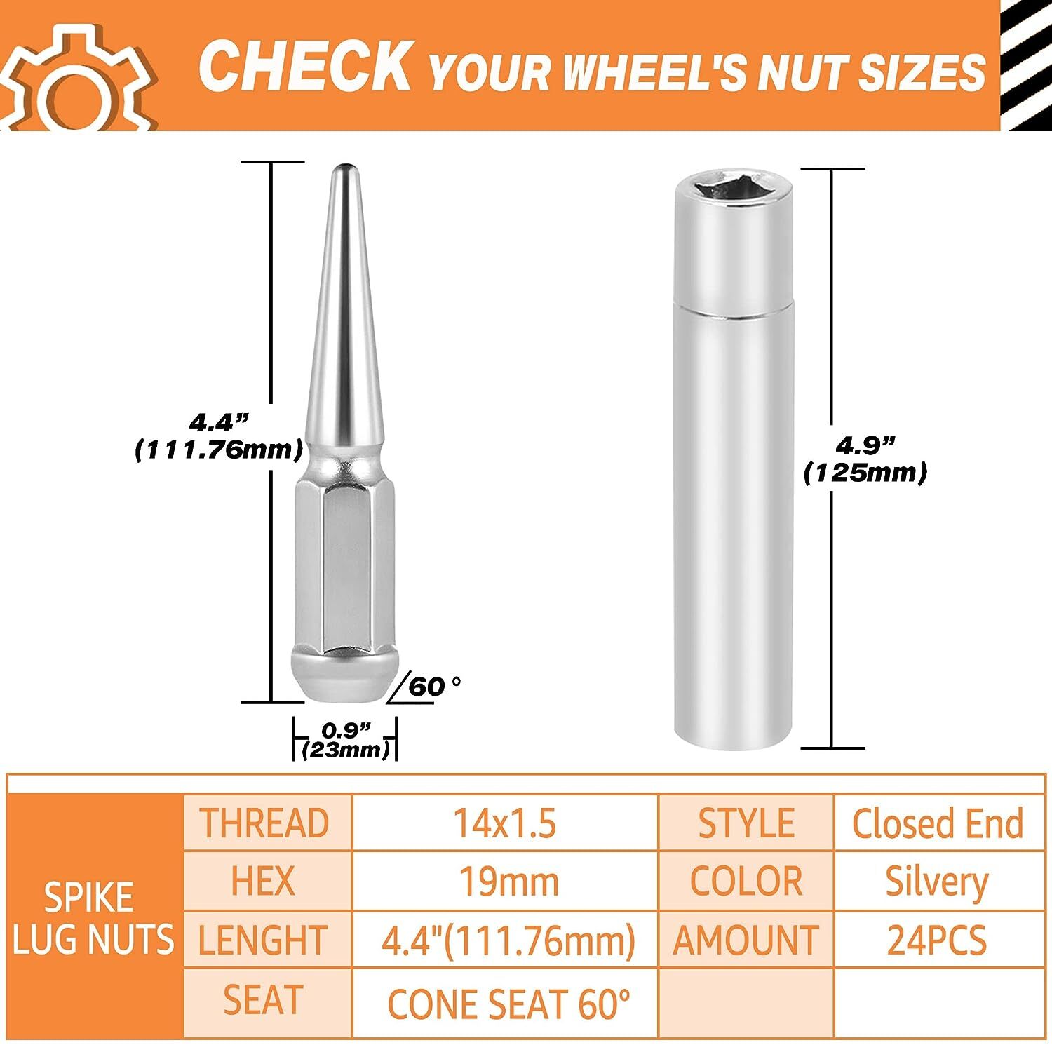 24 PCS Spike Lug Nuts 14×1.5 For Chevy Silverado Tahoe 4.4″ Tall with Key