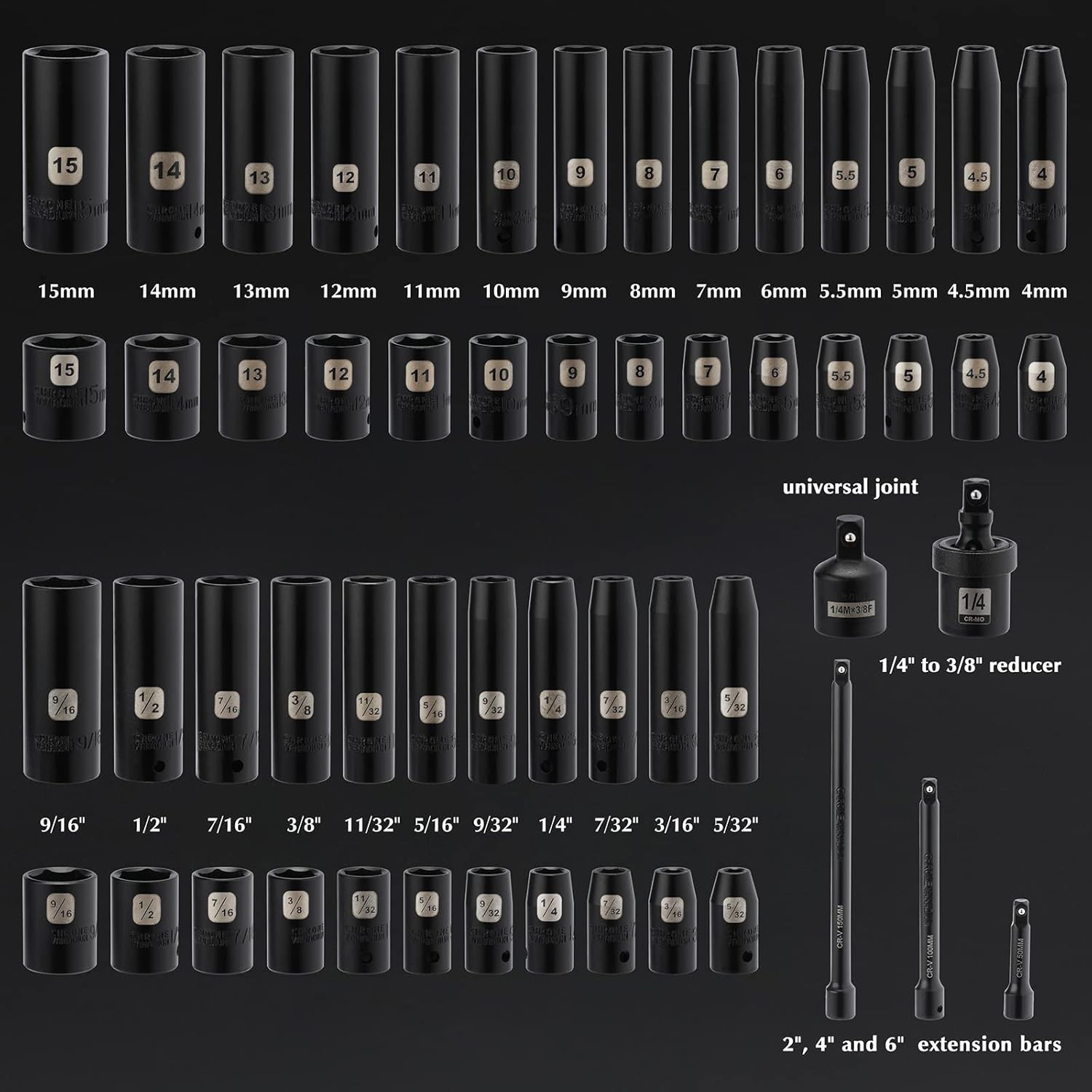 55PCS 1/4″ Drive Impact Socket Set SAE & Metric Deep/Shallow CR-V Steel