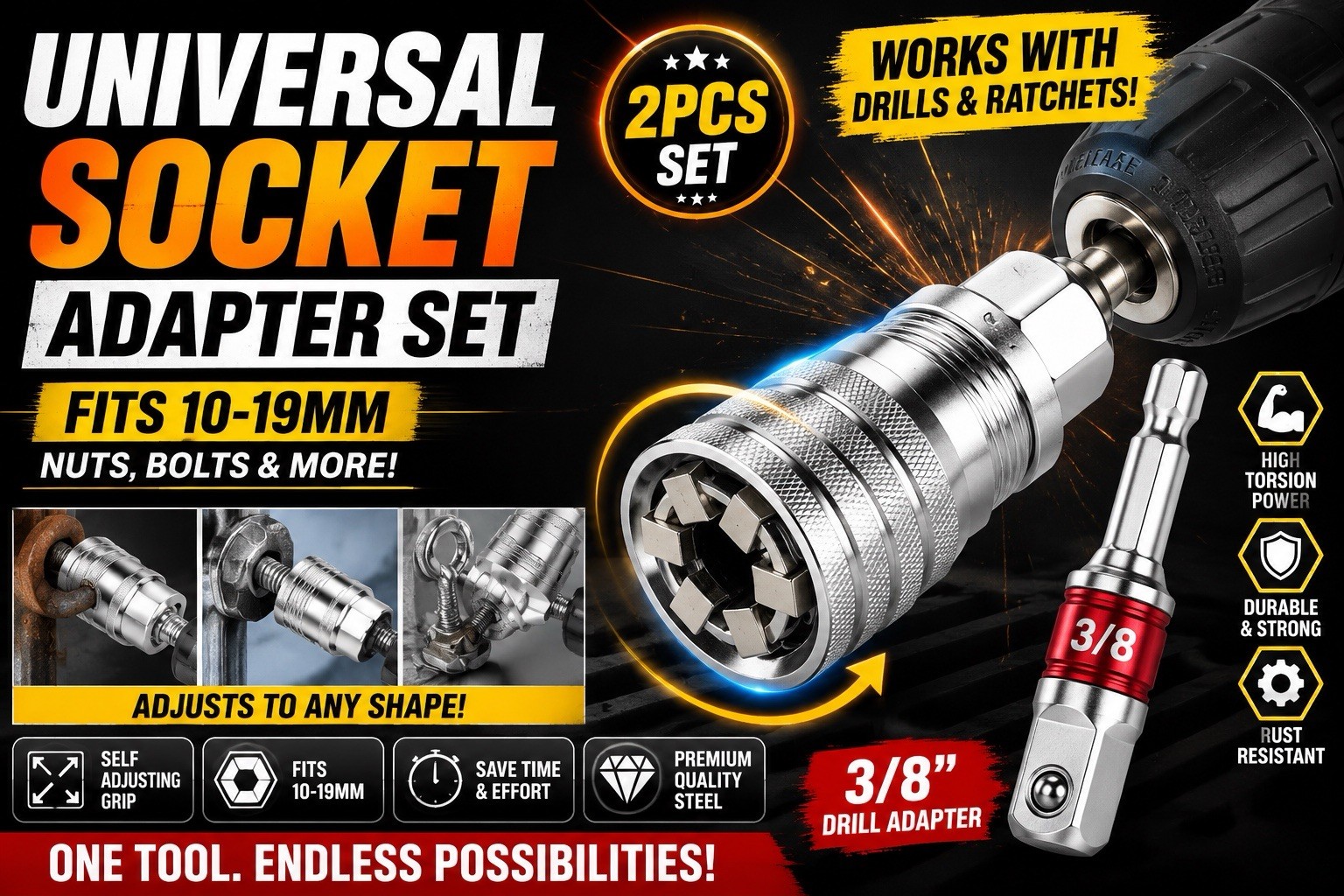 Universal Socket Adapter Set 10-19mm Magic Grip + 3/8” Drill Bit CR-V Steel