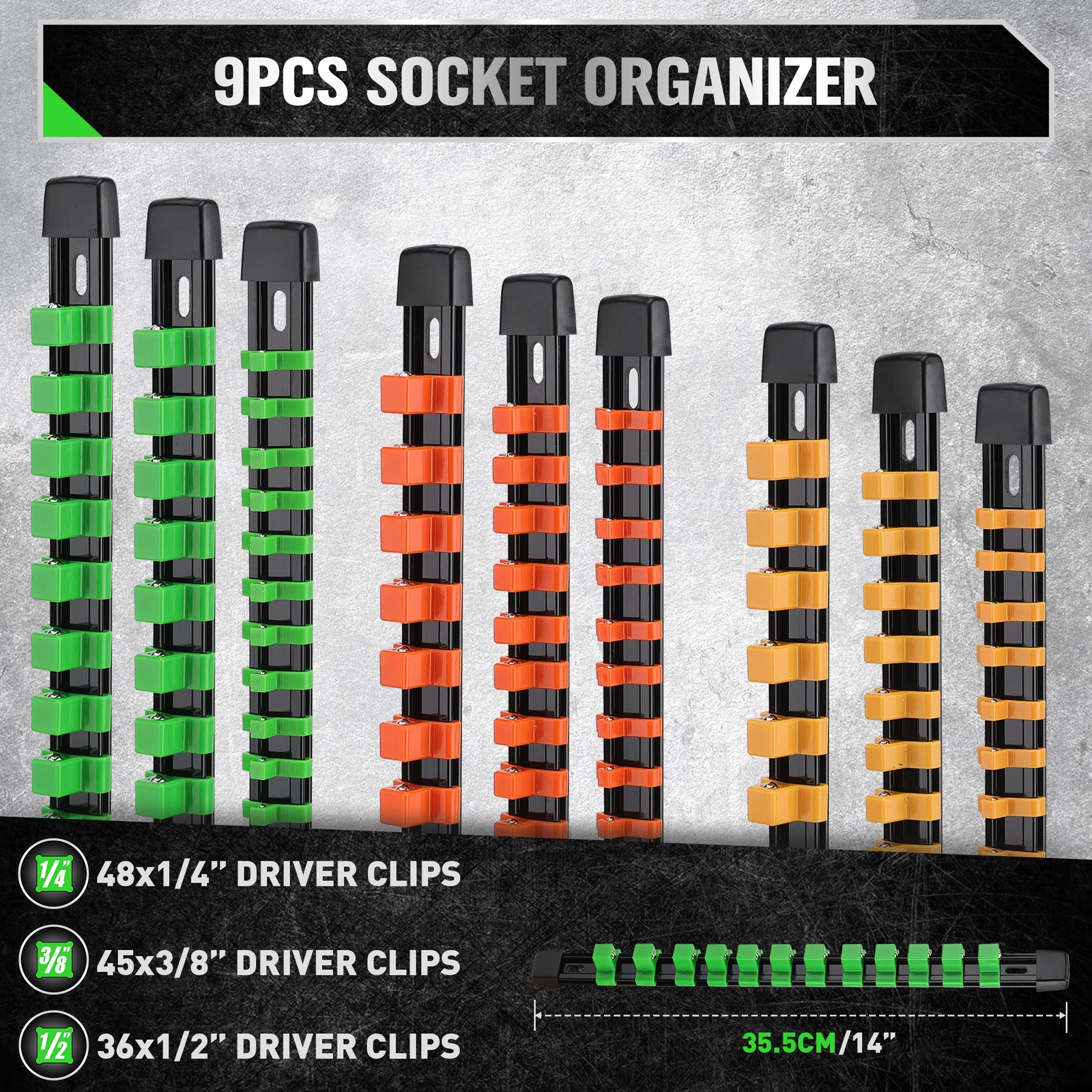 9PC Socket Organizer Holder Tool Storage Rail Rack 1/4″ 3/8″ 1/2″ Industrial 14″
