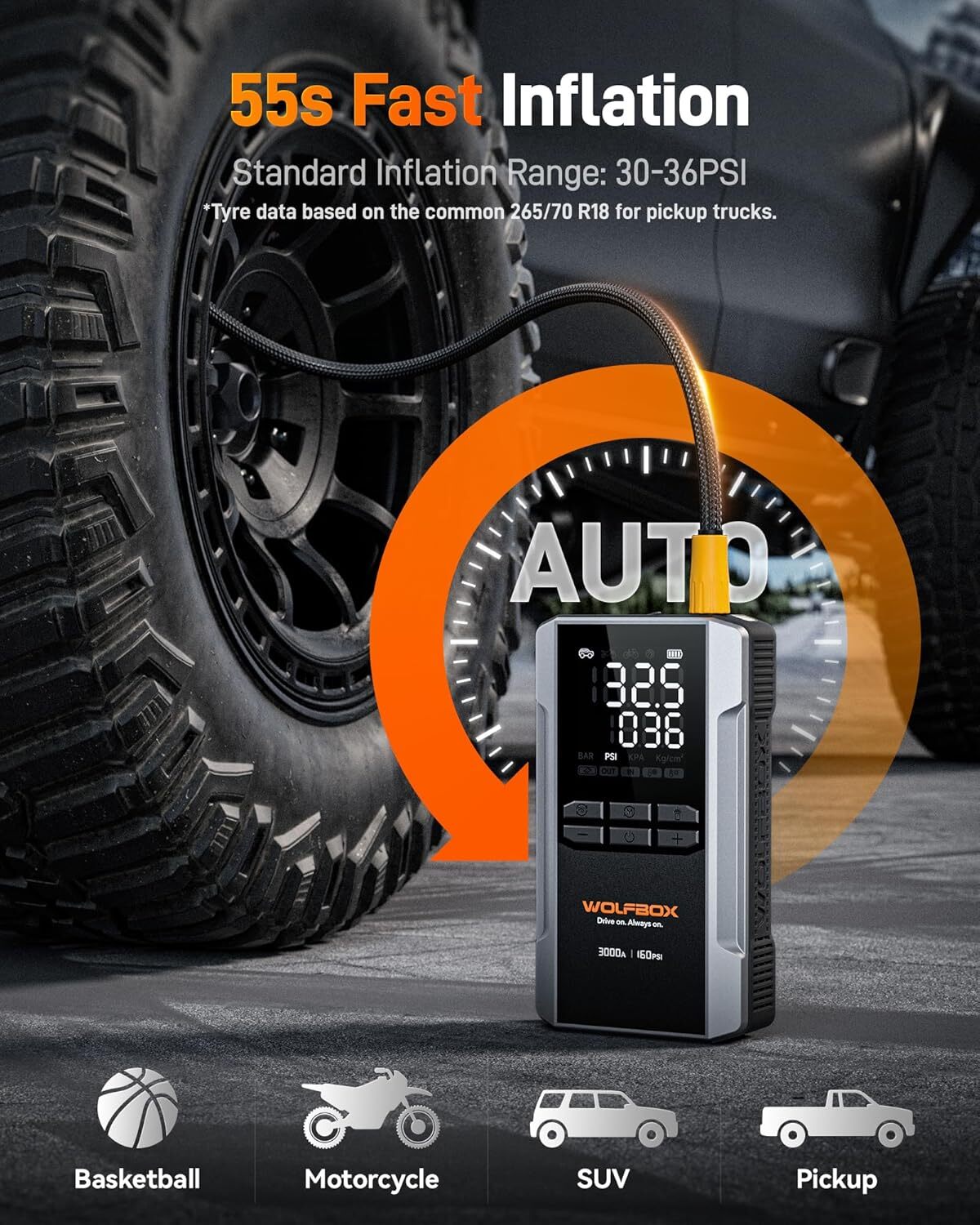 WOLFBOX Jump Starter with Air Compressor, 3000A Portable Car Battery Booster