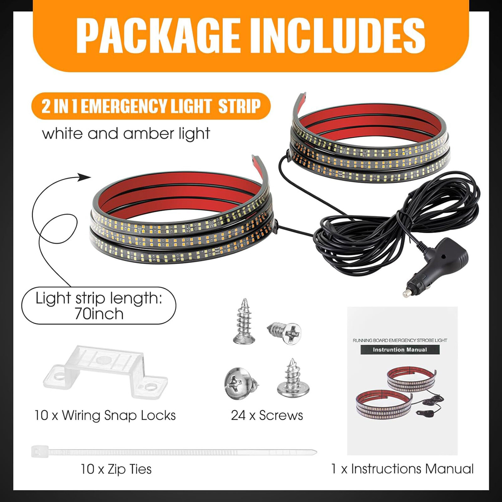 2-in-1 70 inch Emergency Truck Strobe Lights Strip Running Board LED Lights Bar