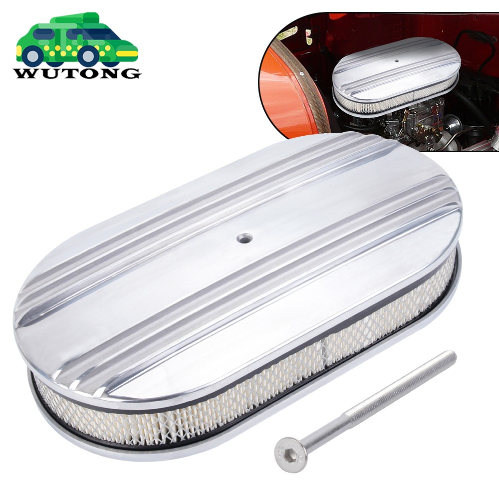 Oval Half Finned Polished Aluminum Air Cleaner with Washable Filter, 15 x 2 Inch
