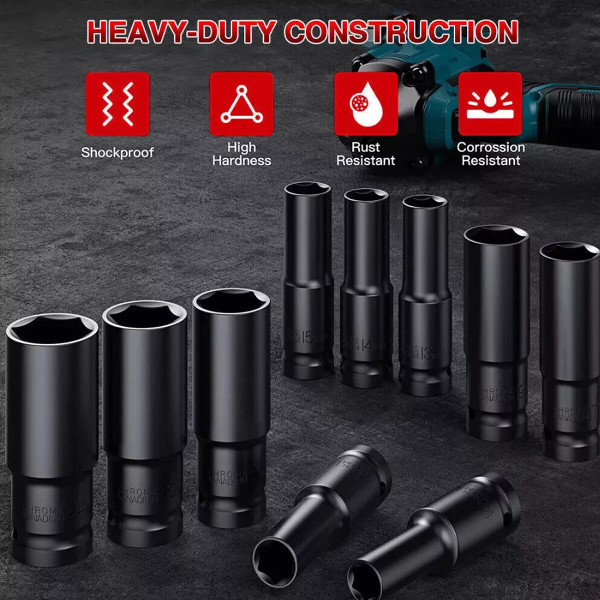10pcs Metric Deep Impact Socket 1/2″ Drive 10mm-24mm 6 Point Sockets w/ Case Set