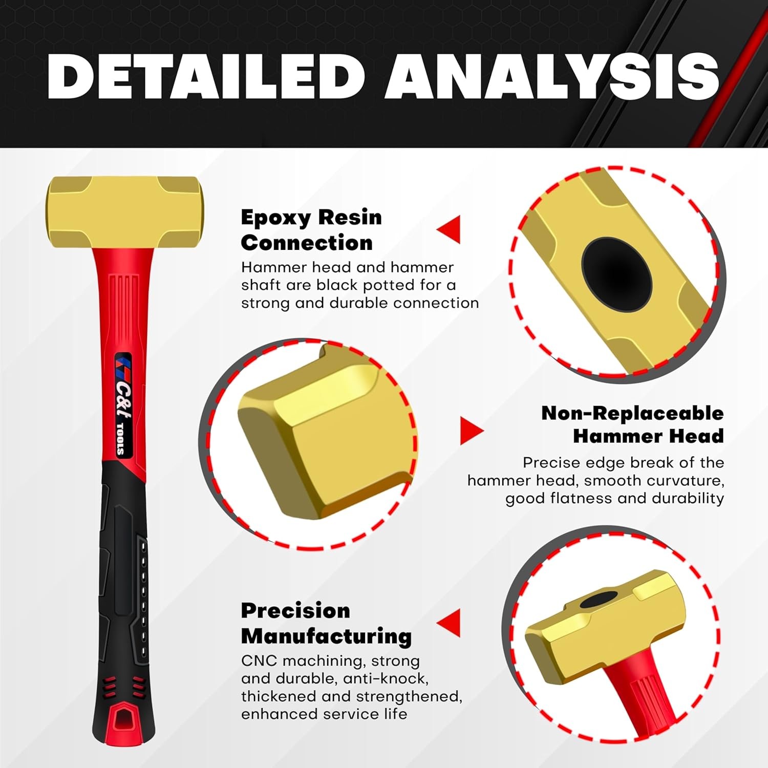 C&T 3lb Brass Sledge Hammer,Non-Sparking,Comfortable Fiberglass 3LB
