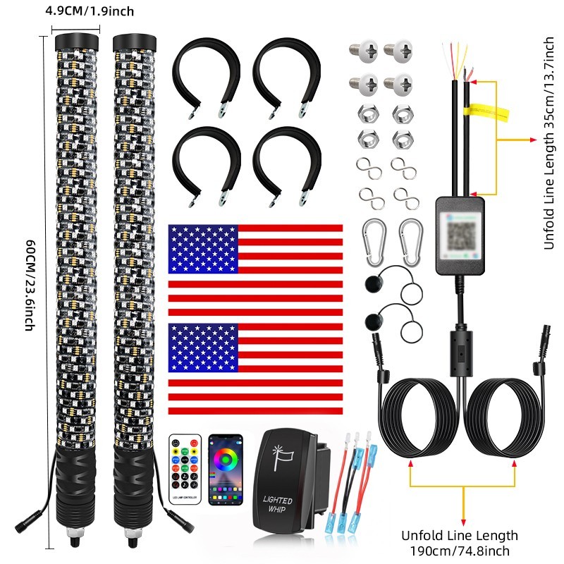 2X2FT RGB Fat Spiral Whip Lights For Polaris RZR PRO XP Kawasaki TERYX KRX4 1000