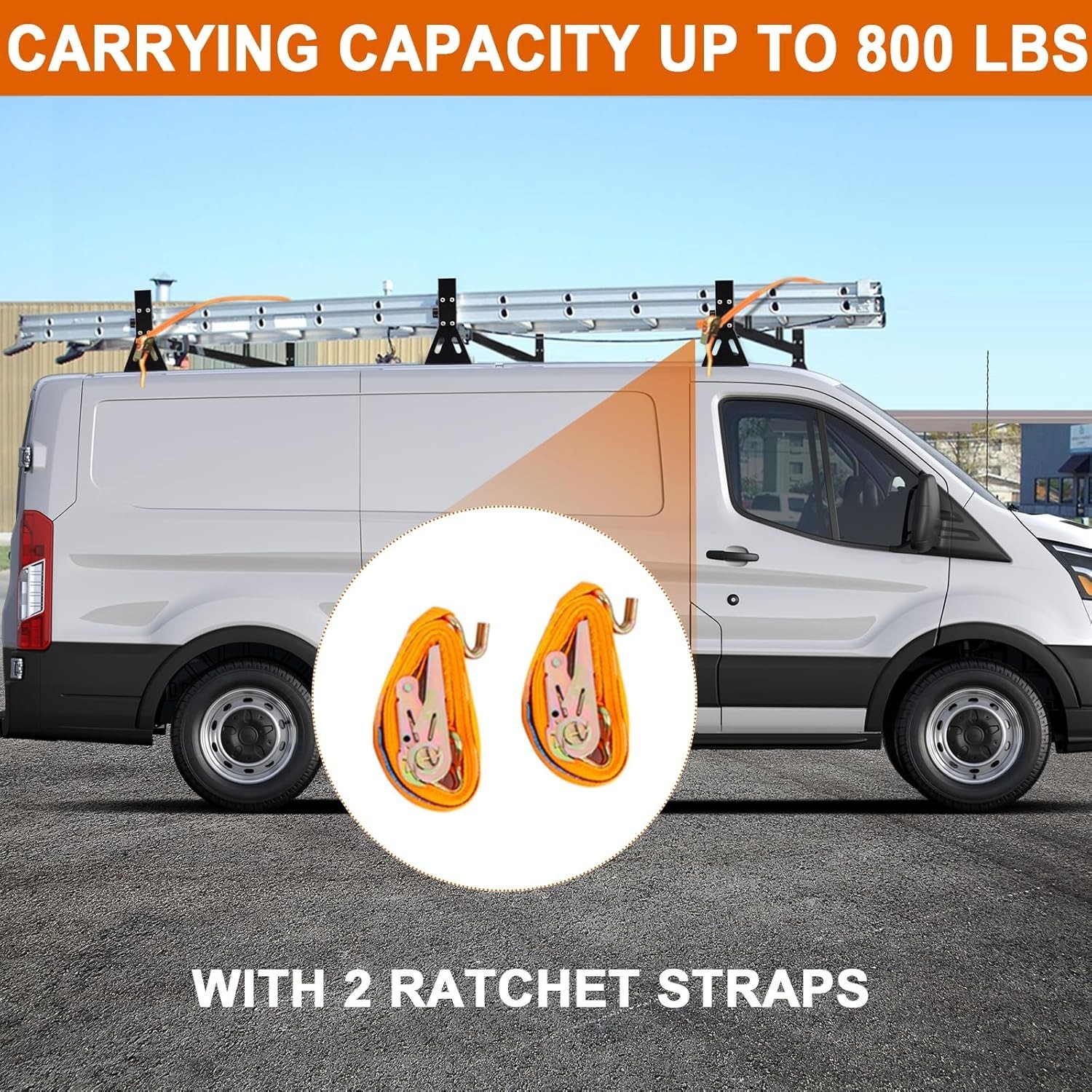 Cargo Van Roof Ladder Rack 3 bar for 2015-2024 Ford Transit 150 250 350, 800LBS