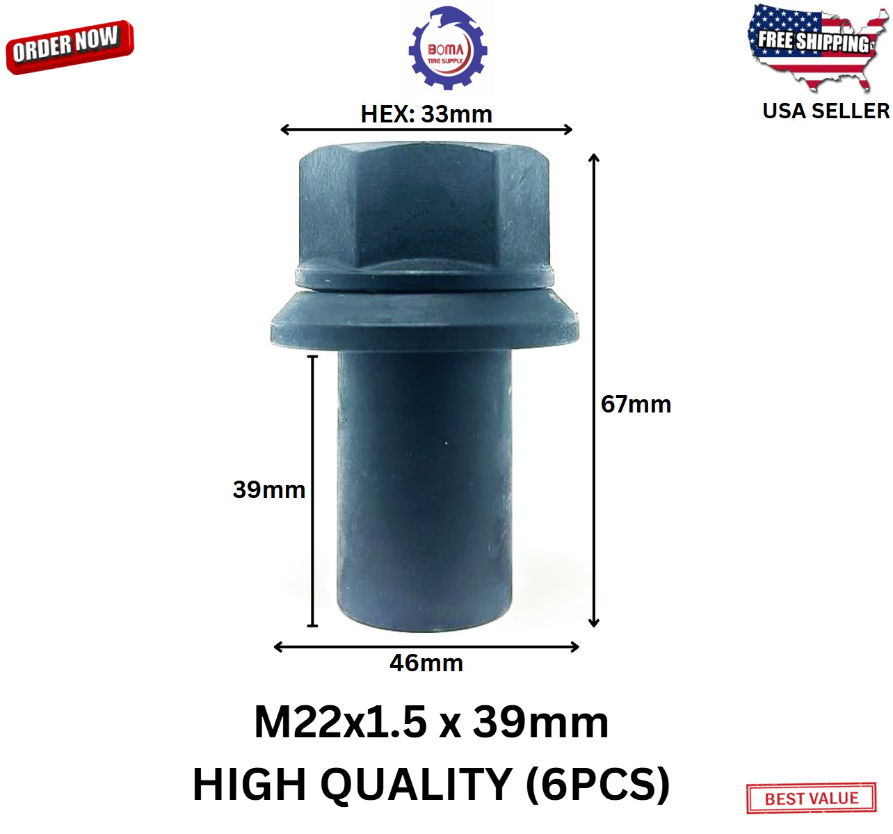 6 Pack 33mm M22-1.5 x 39mm Sleeve Wheel Lug Nut M22-1.5x39mm Skirt Flange