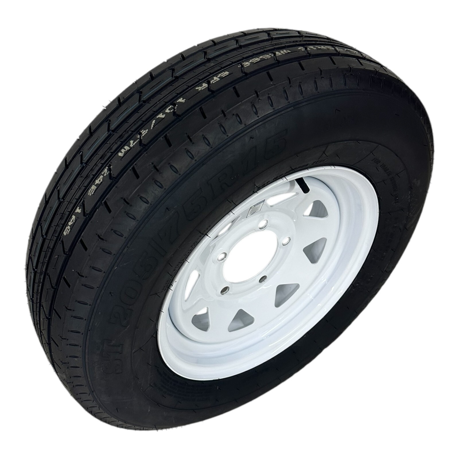 ST205/75R15 Radial Trailer Tire LRC 6 Ply on 5 Lug White Spoke Wheel 5×5.5″