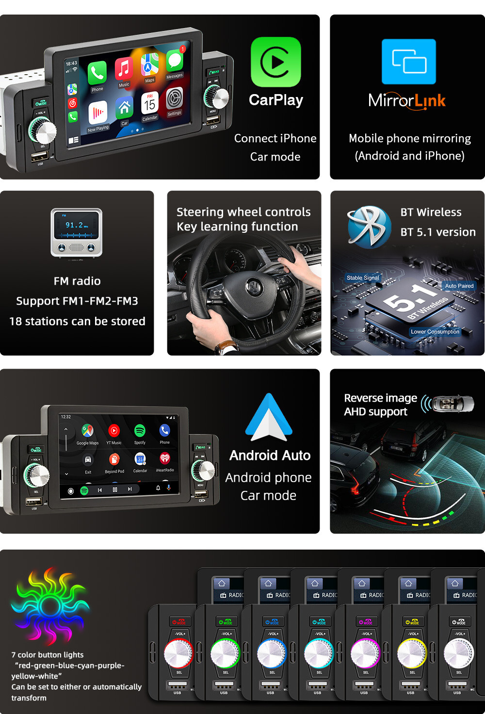 Car MP5 Player Single DIN Bluetooth FM USB Radio For Apple CarPlay Android Auto