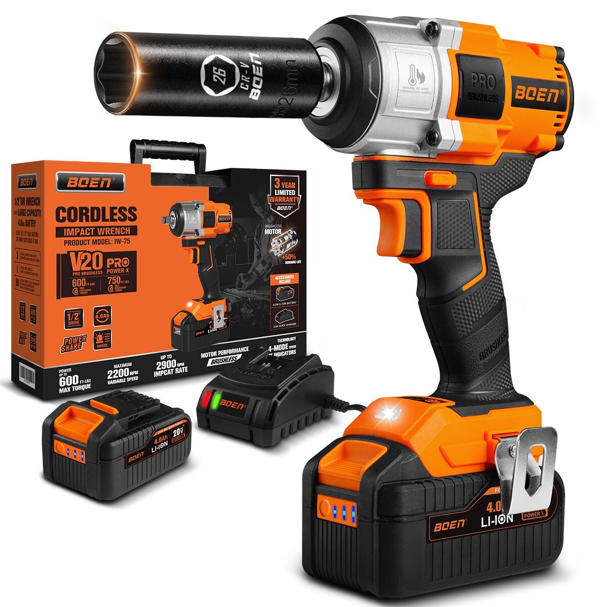 boen Cordless Impact Wrench 1/2 inch,600FT-LBS(800N.m),2200RPM High Torque,IW-75